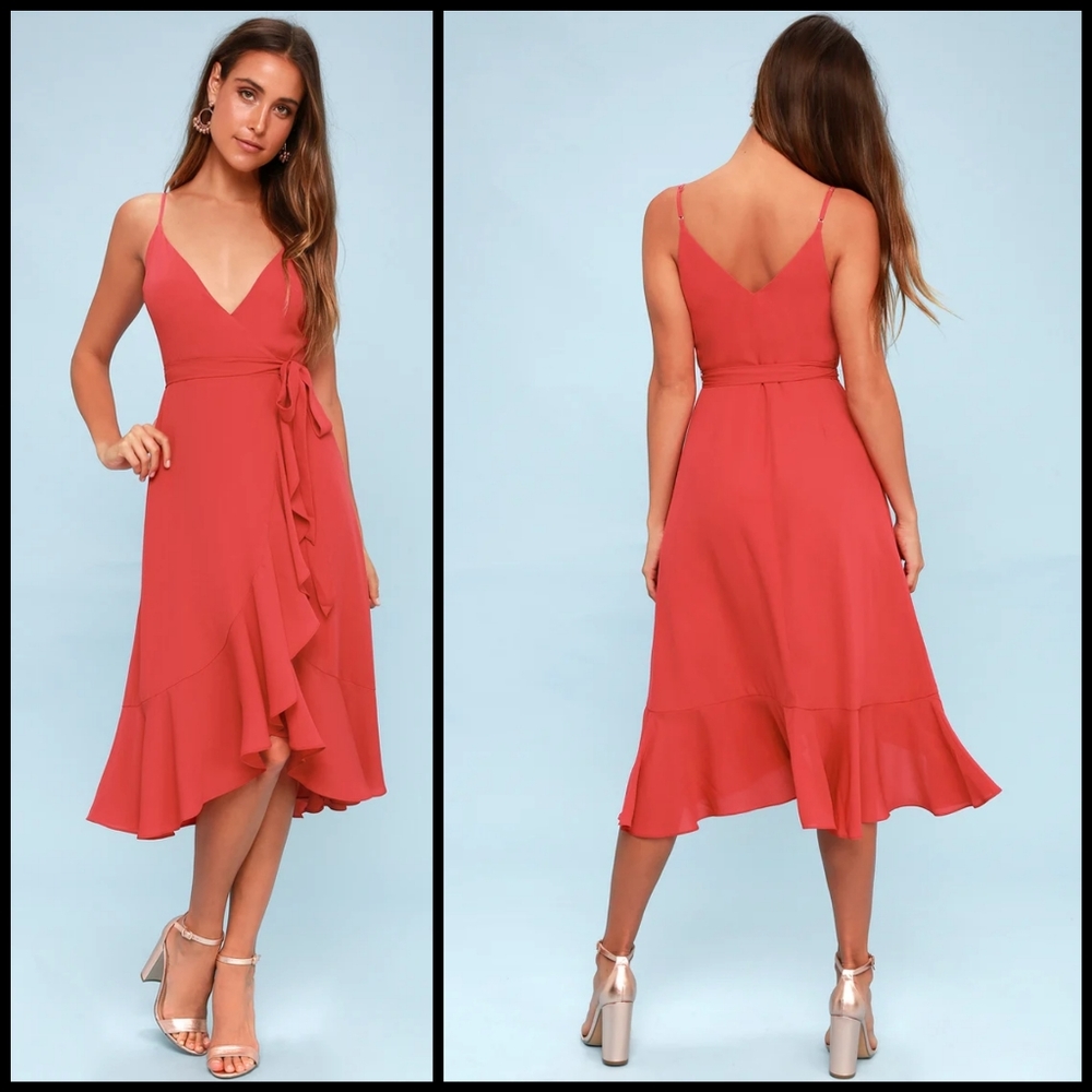 Lulu's Manhattan Moment Coral Wrap Dress